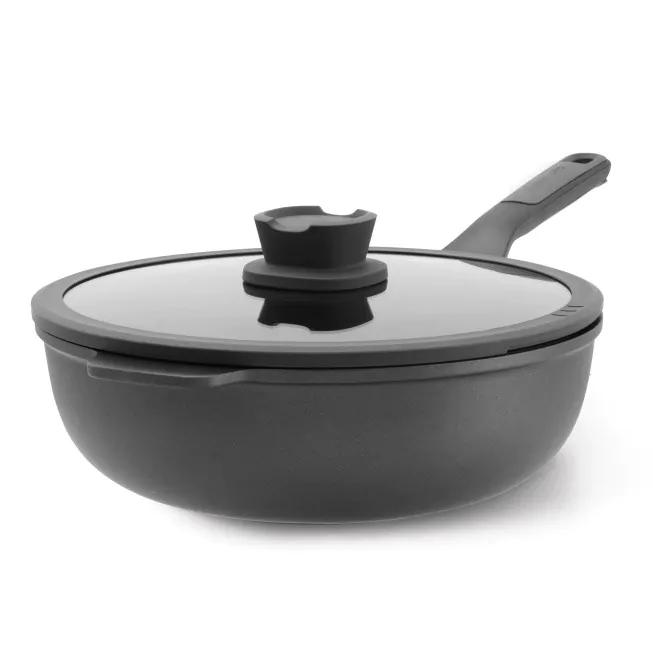 perfk Wok Antiaderente con Fondo Piatto e Coperchio, pentola a Gas, Manico ergonomico in Legno, Padella per Saltare, Wok Cinese per Cucina Domestica